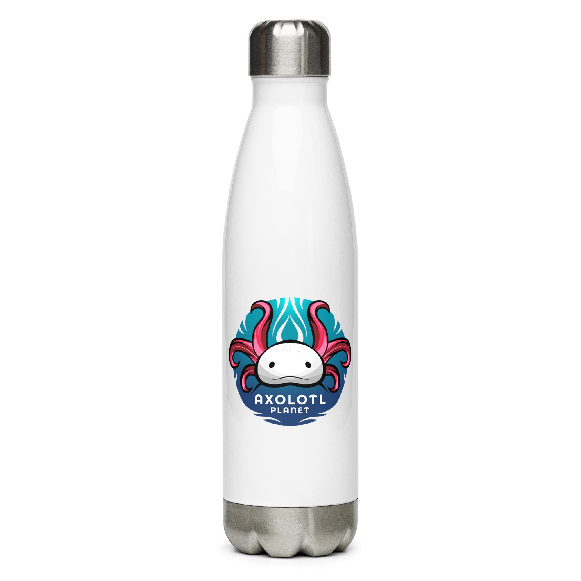 Axolotl Planet Logo axolotl Water Bottle mockup White